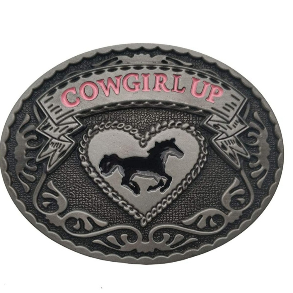 New cowgirl up horse and heart western belt buckle approximately 3.75"